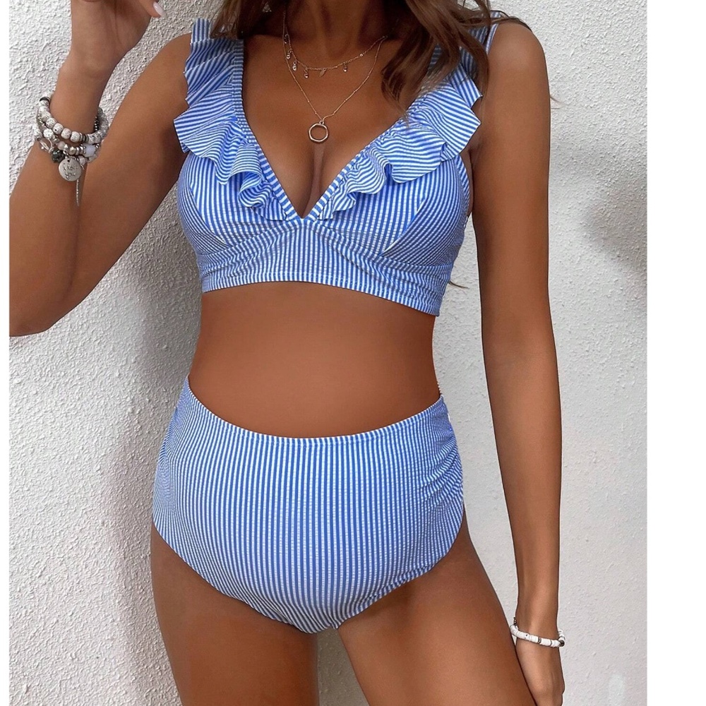 Maternity Striped Ruffle High Waisted Swimsuit 2 piece  Bikini - Picture 5 of 7